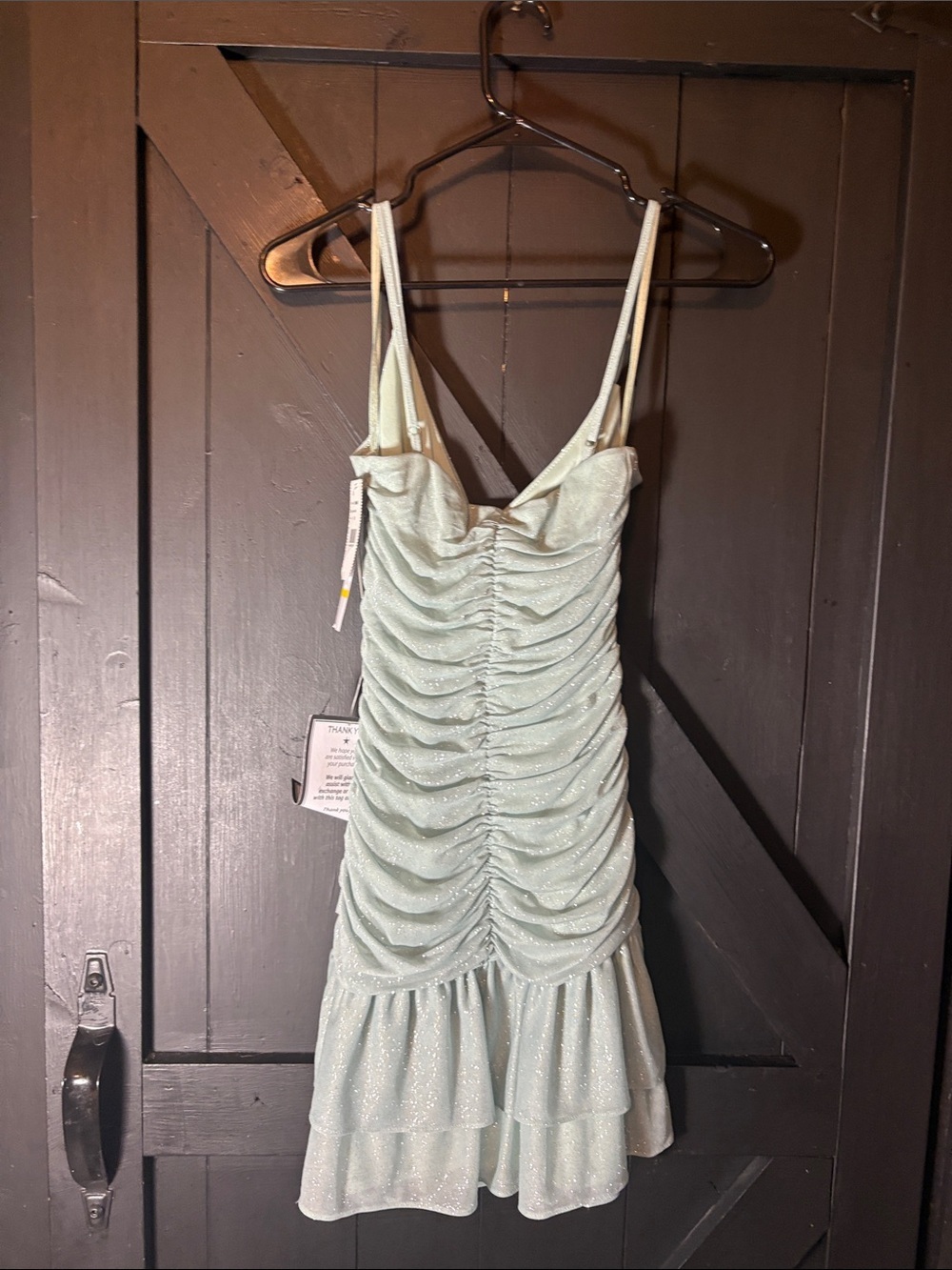 Jump Shimmery Mint Ruched Mini Dress with Ruffle Hem - Picture 7 of 8